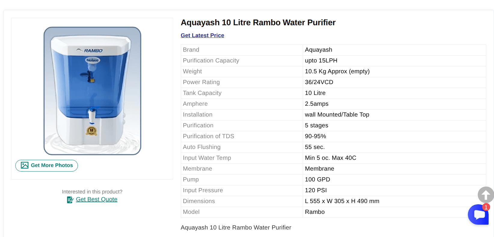 Aquayash Rambo 10 Litre RO Water Purifier