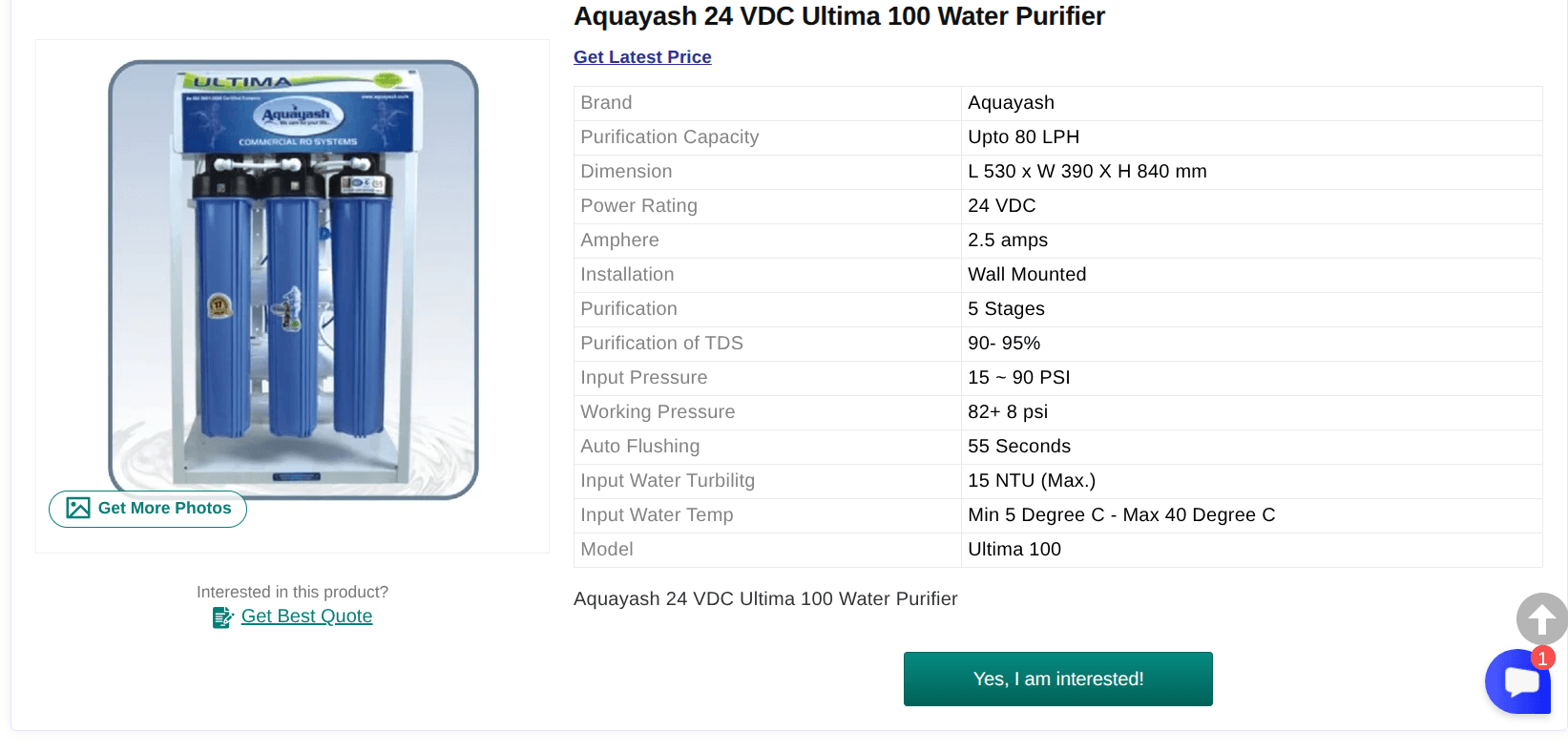 Aquayash Ultima 100 RO Water Purifier