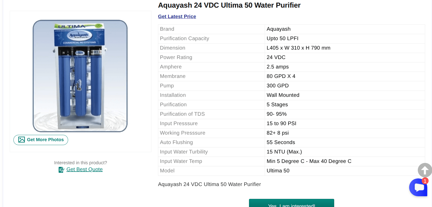 Aquayash Ultima 50 RO Water Purifier
