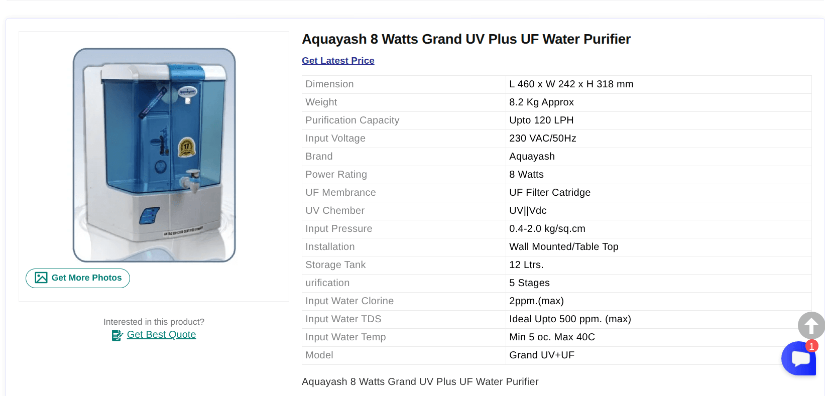 Aquayash Grand UI Plus RO Water Purifier