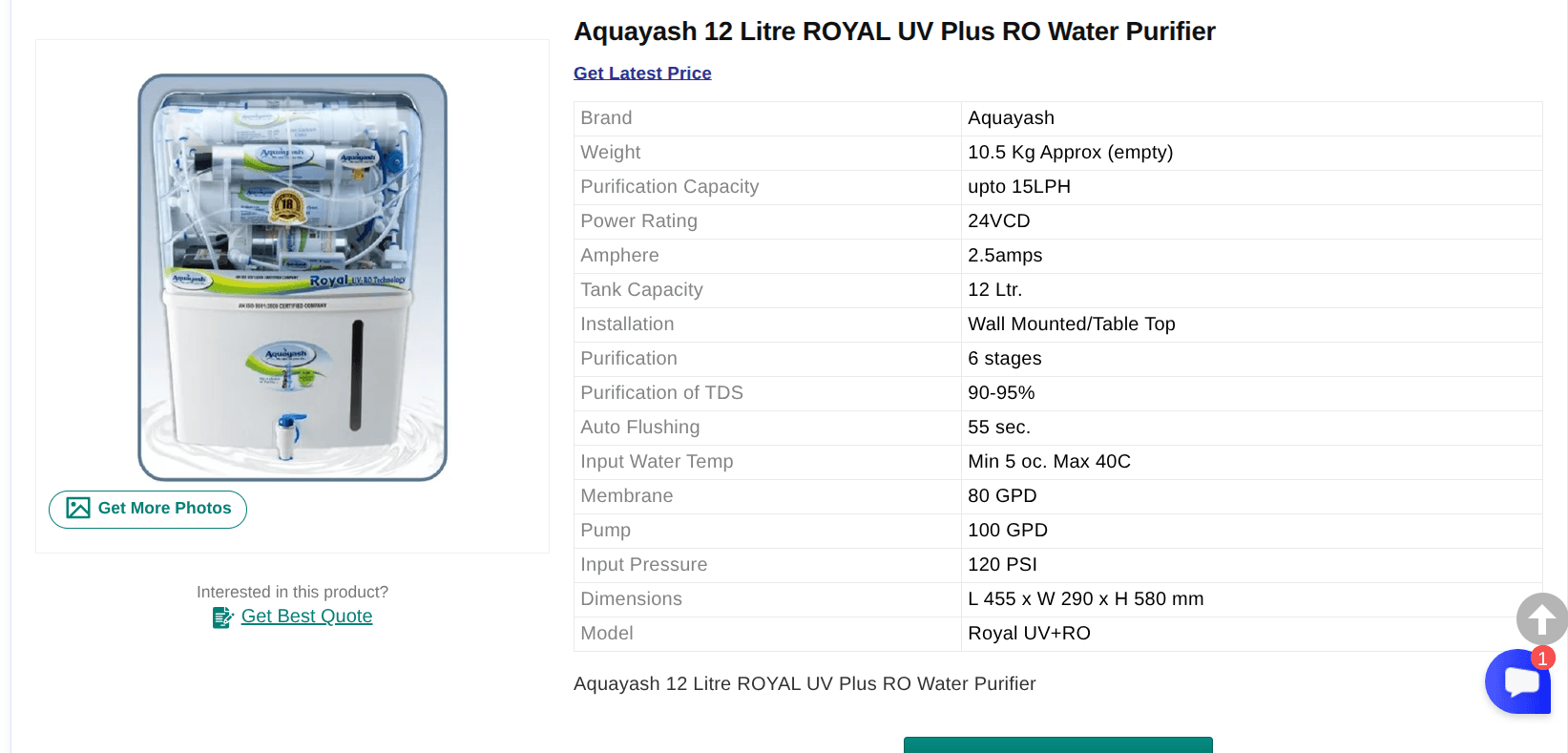Aquayash Royal UV Plus 12 Litre RO Water Purifier