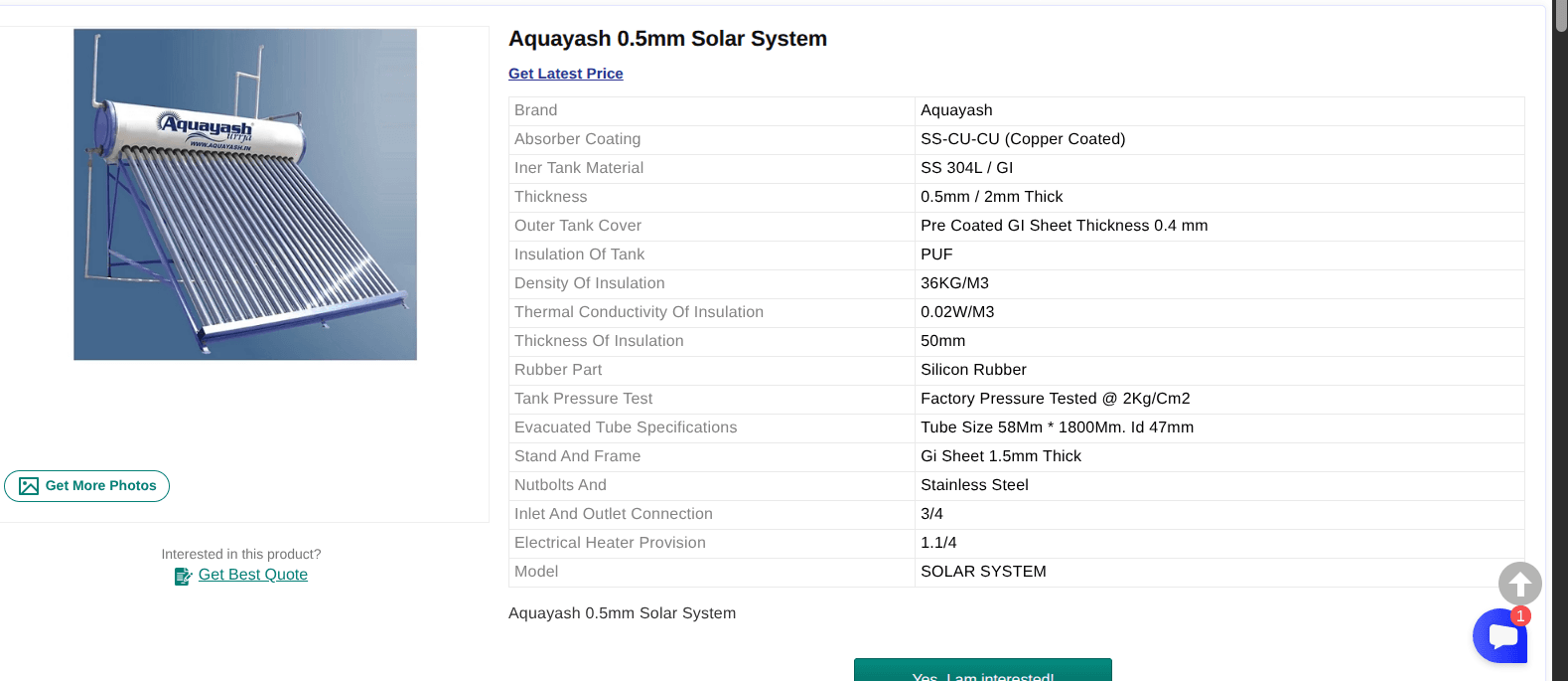 Aquayash 0.5mm Solar Water Heater System