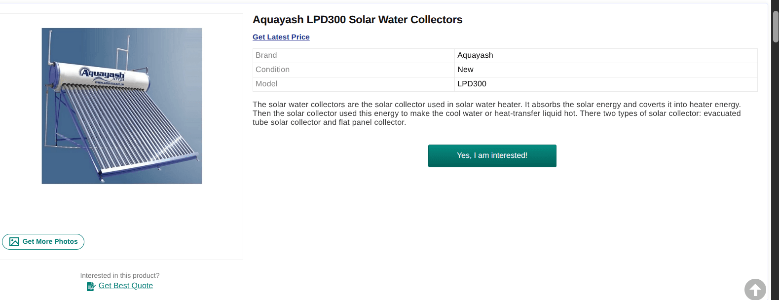 Aquayash LPD300 Solar Water Collectors