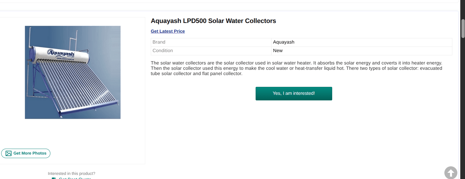 Aquayash LPD500 Solar Water Collectors