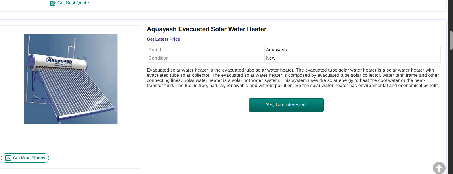 Aquayash Evacuated Solar Water Heater