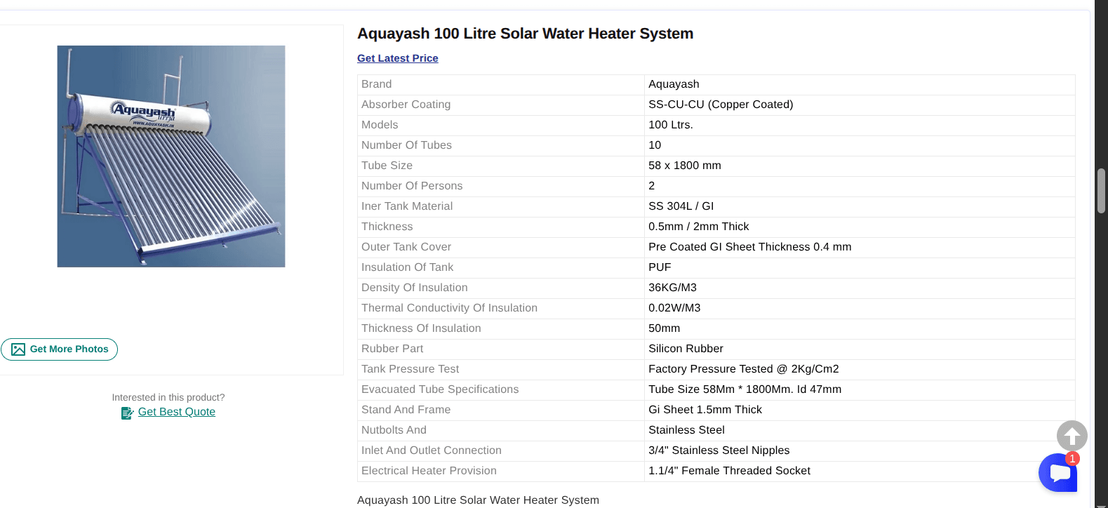 Aquayash 100 Litre Solar Water Heater System