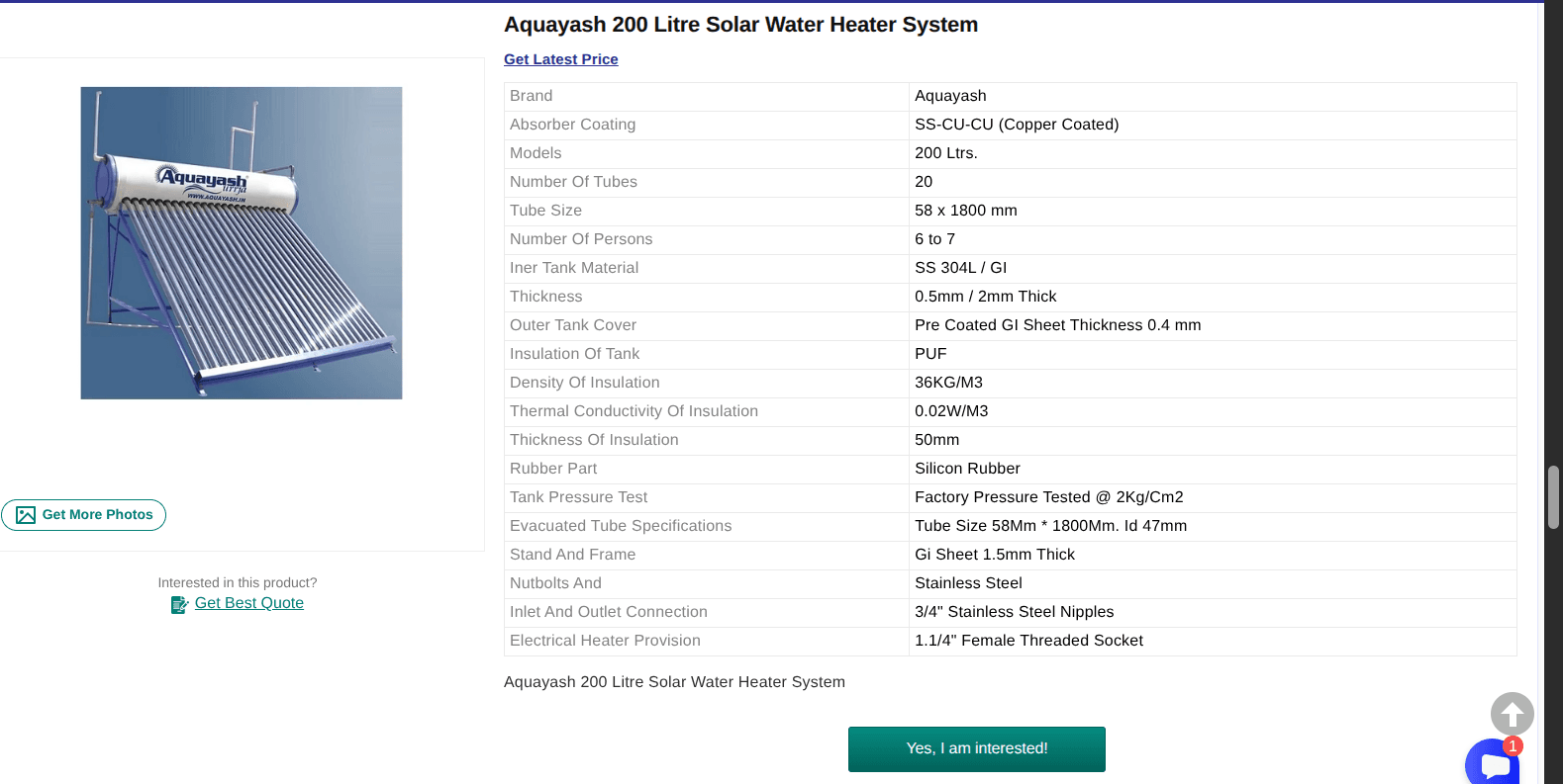 Aquayash 200 Litre Solar Water Heater System