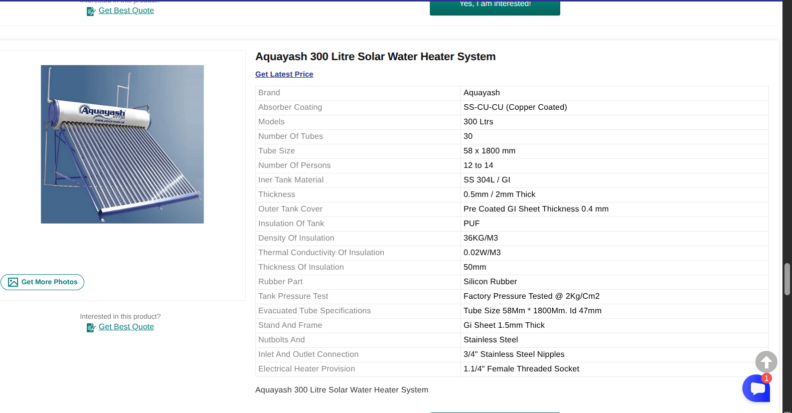 Aquayash 300 Litre Solar Water Heater System